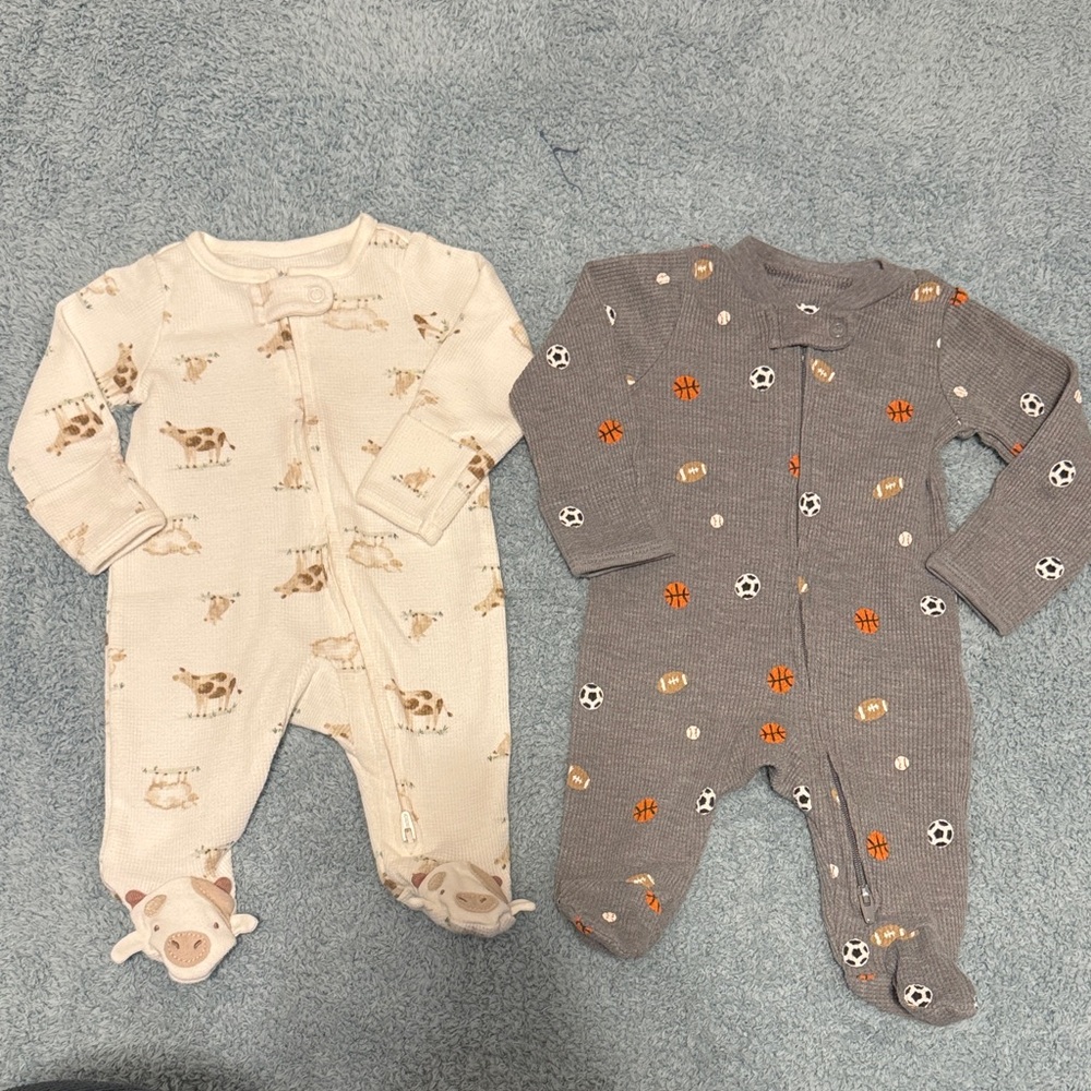 Carter's Cream Cow Print & Gray Sports Footed One-Pieces